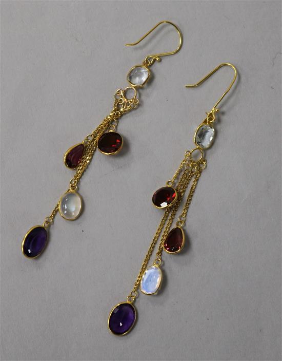A pair of 14ct gold garnet, moonstone and amethyst drop earrings, 5cm.